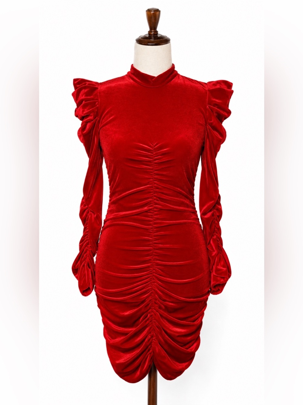 Miss Selfridge Red Velvet Ruched Long-Sleeve Mini Dress- 4